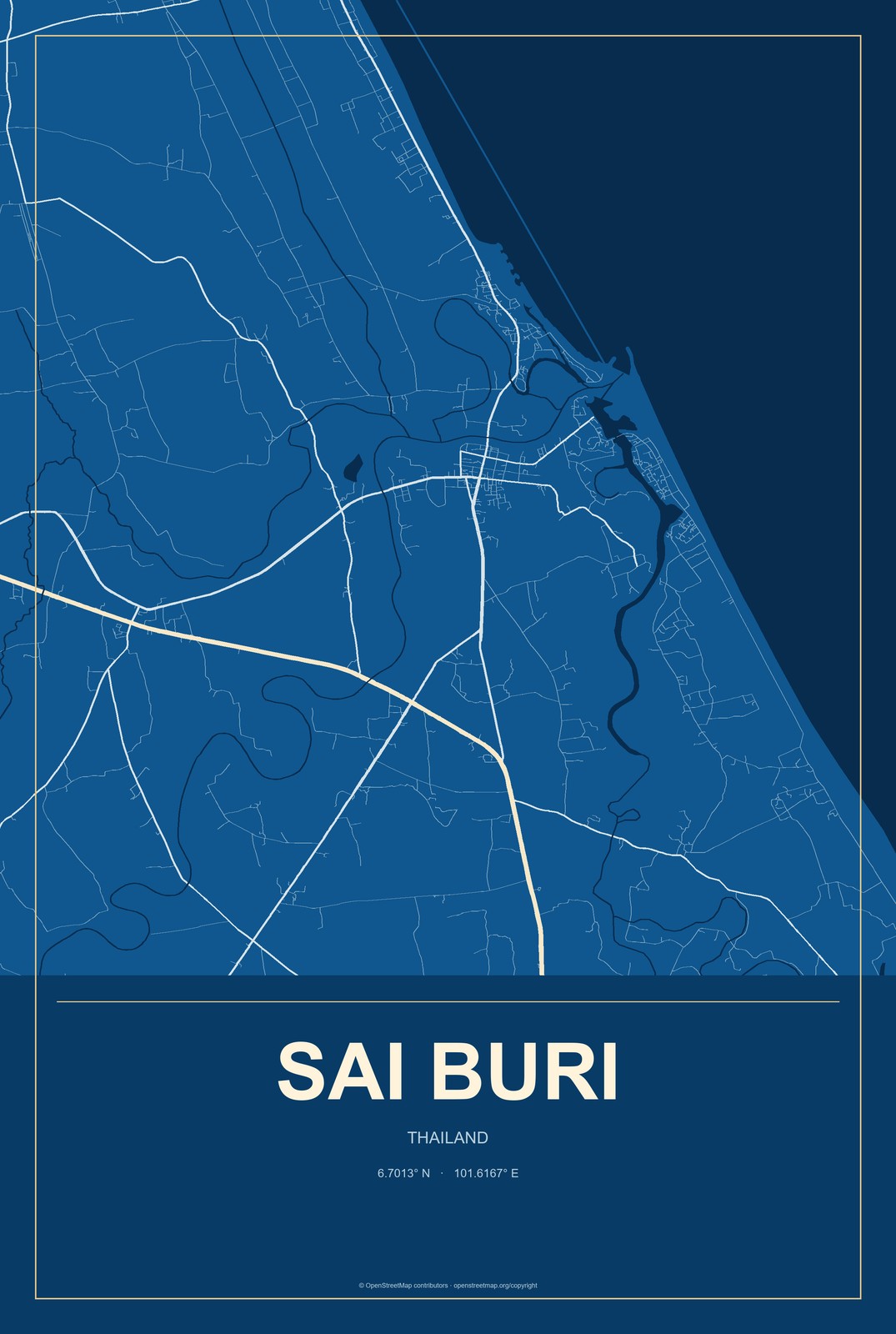 Sai Buri, Thailand City Map Aluminum Sign in Harbor Cobalt style