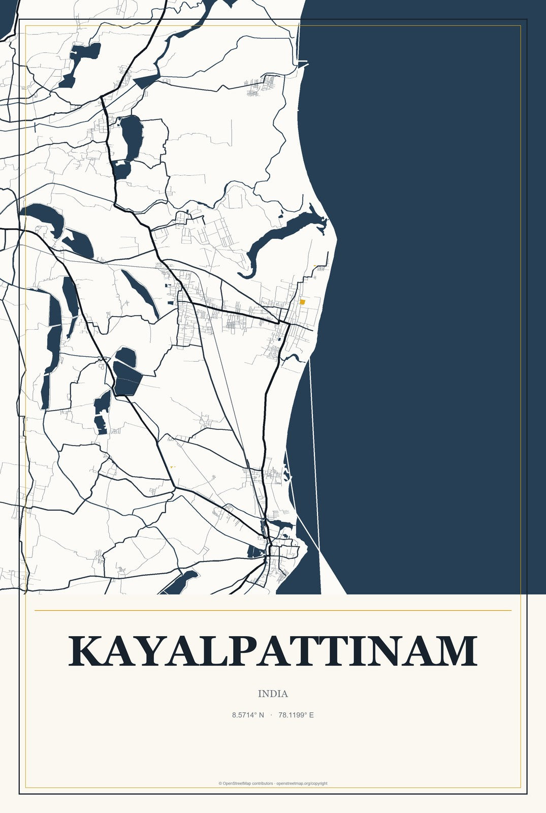 Kayalpattinam, India City Map Aluminum Sign in Citrine Modern style