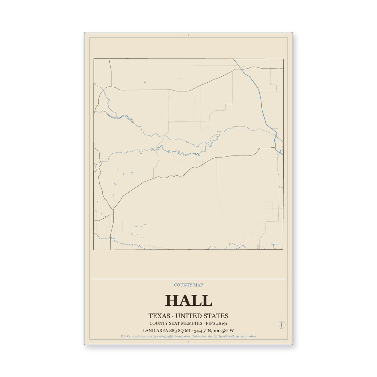 Hall County, Texas Map Aluminum Sign in Heritage Nautical style