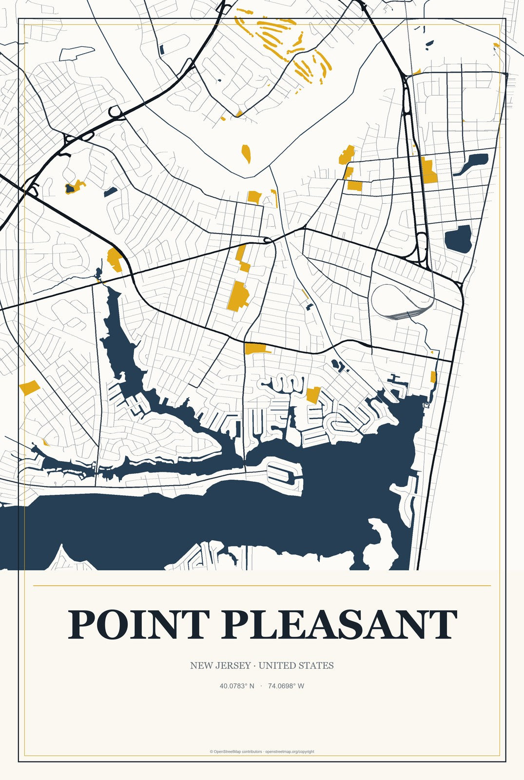 Point Pleasant, New Jersey City Map Aluminum Sign in Citrine Modern style