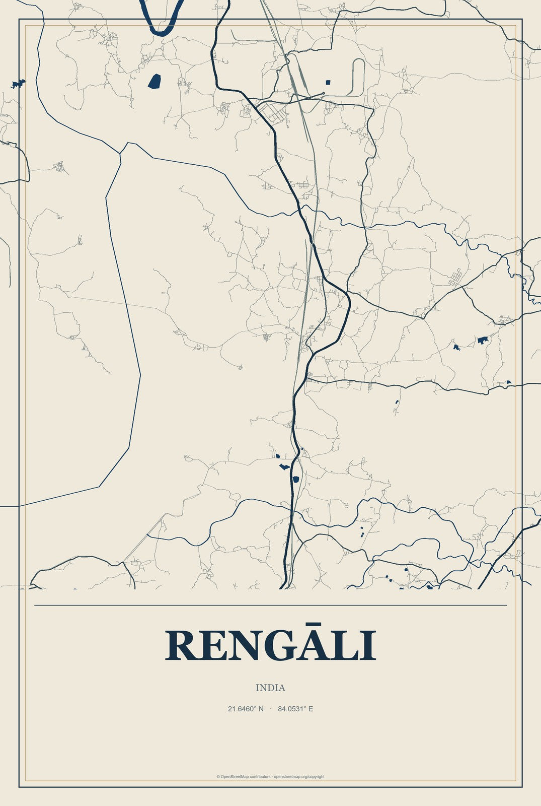 Rengāli, India City Map Aluminum Sign in Coastal Cutout style