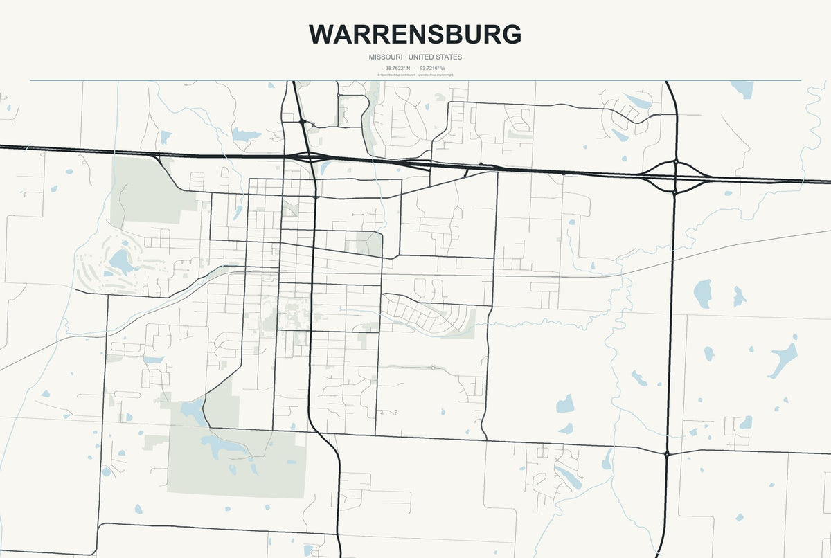 Warrensburg, Missouri City Map Aluminum Sign in Headline Atlas style