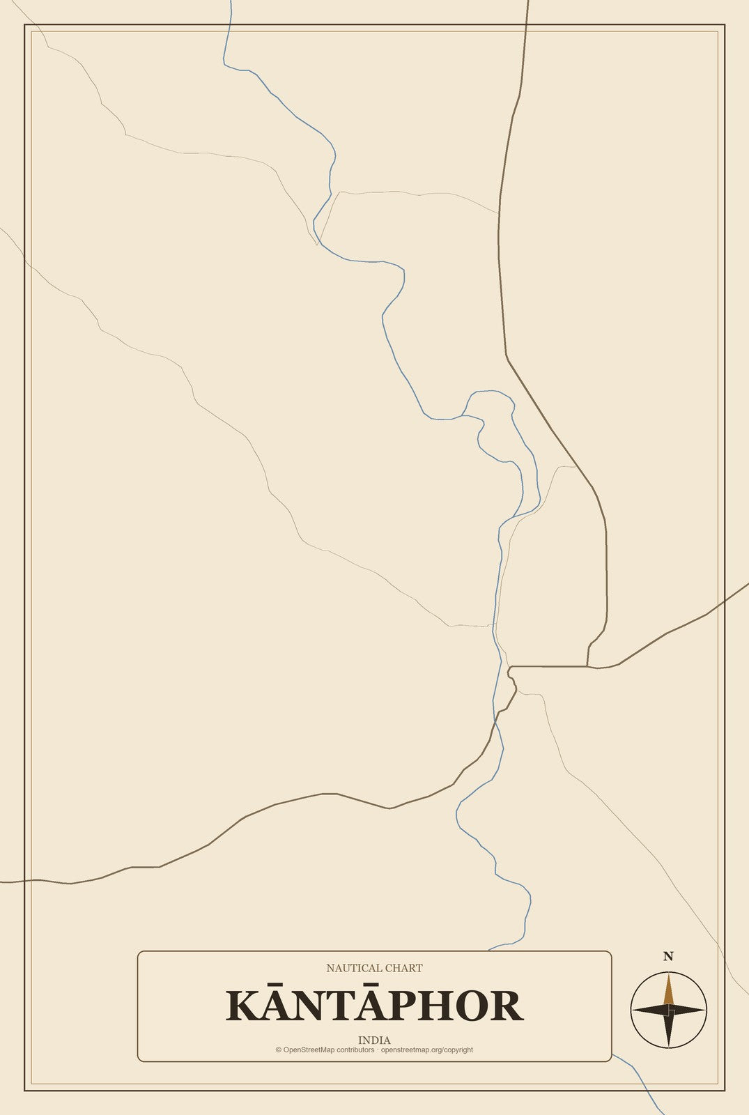 Kāntāphor, India City Map Aluminum Sign in Heritage Nautical style