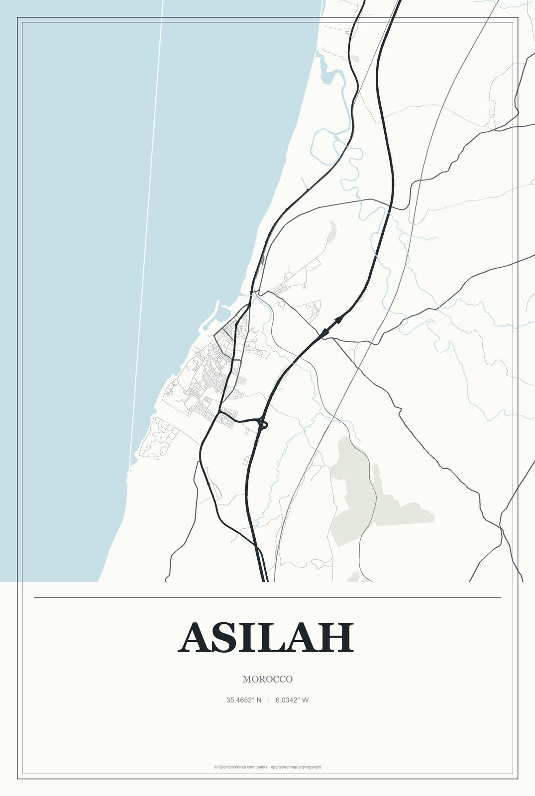 Asilah, Morocco City Map Aluminum Sign in Gallery Air style