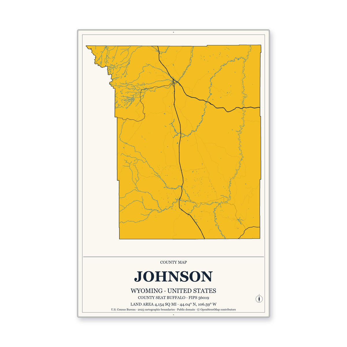 Johnson County, Wyoming Map Aluminum Sign in Citrine Modern style