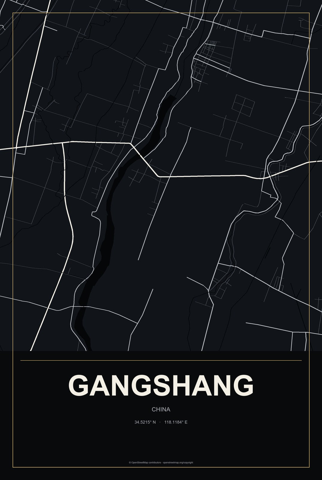 Gangshang, China City Map Aluminum Sign in Metropolitan Noir style