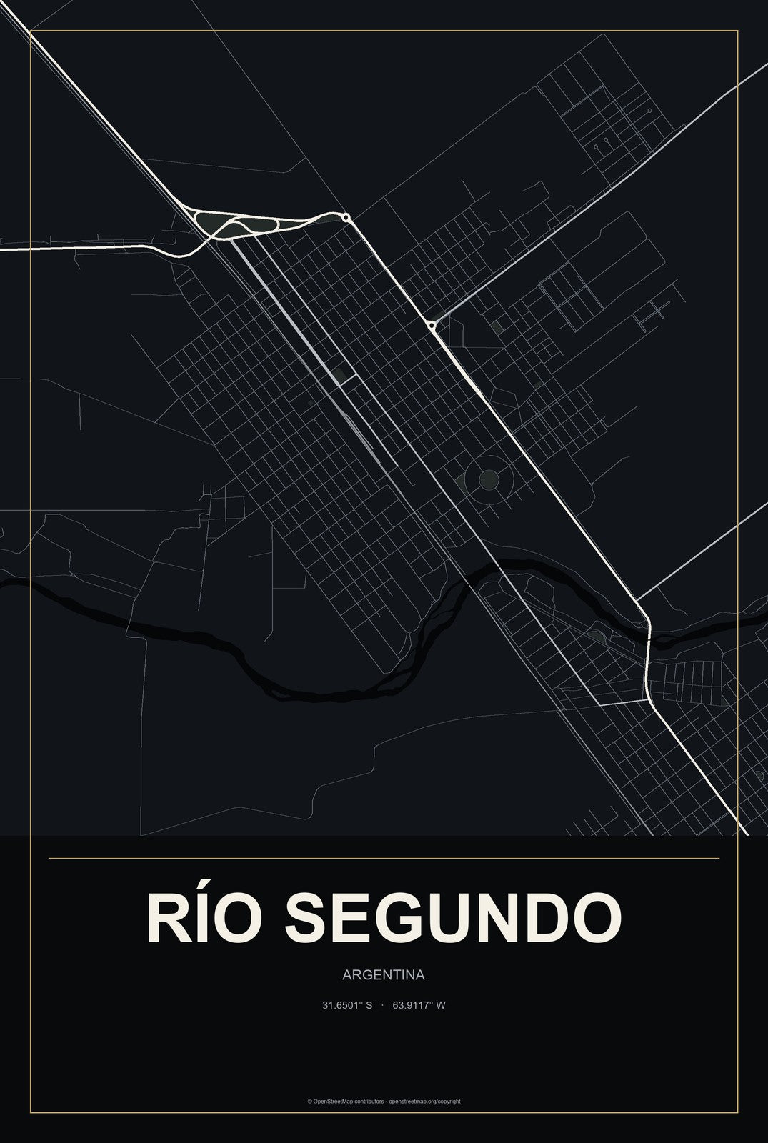 Río Segundo, Argentina City Map Aluminum Sign in Metropolitan Noir style