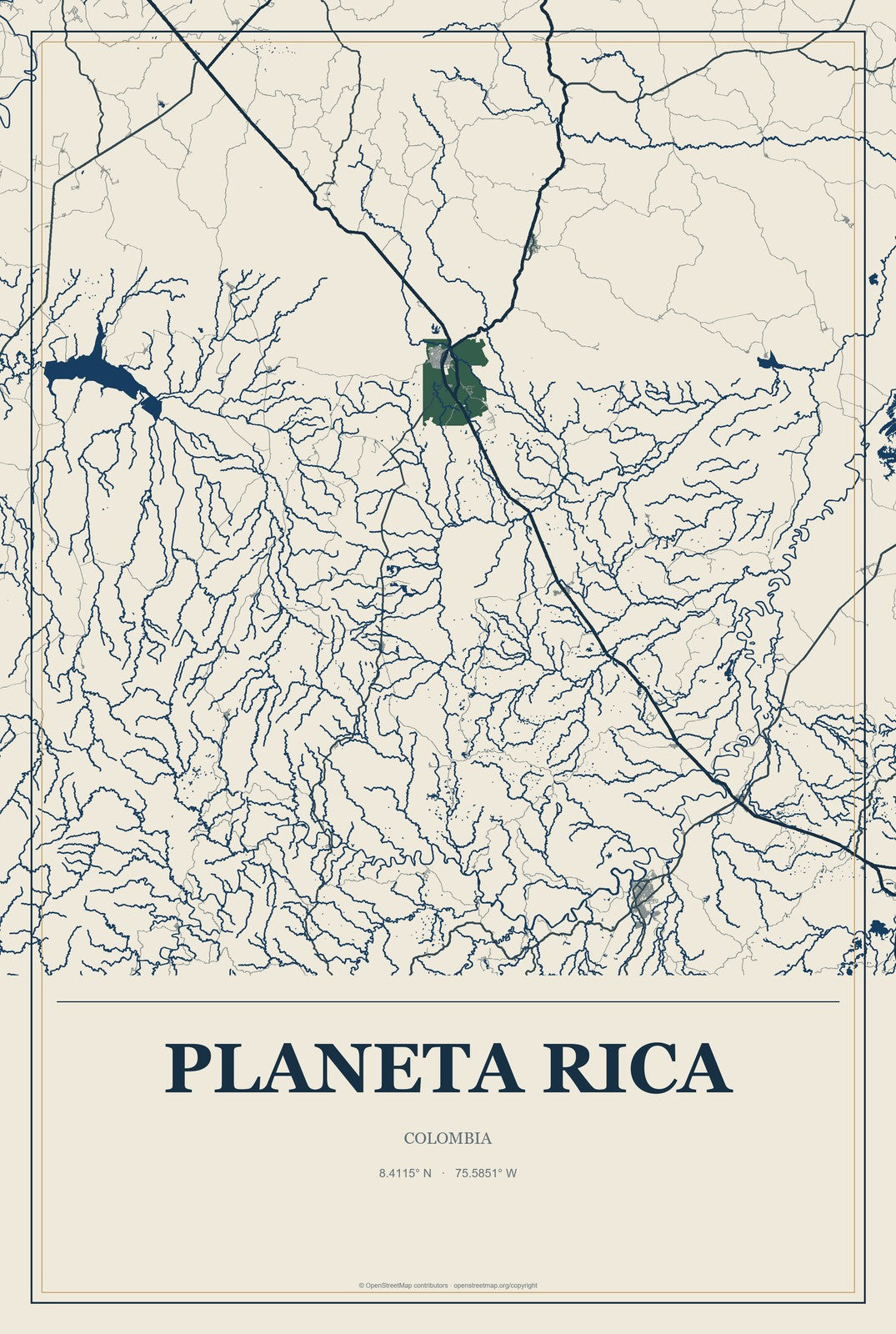 Planeta Rica, Colombia City Map Aluminum Sign in Coastal Cutout style