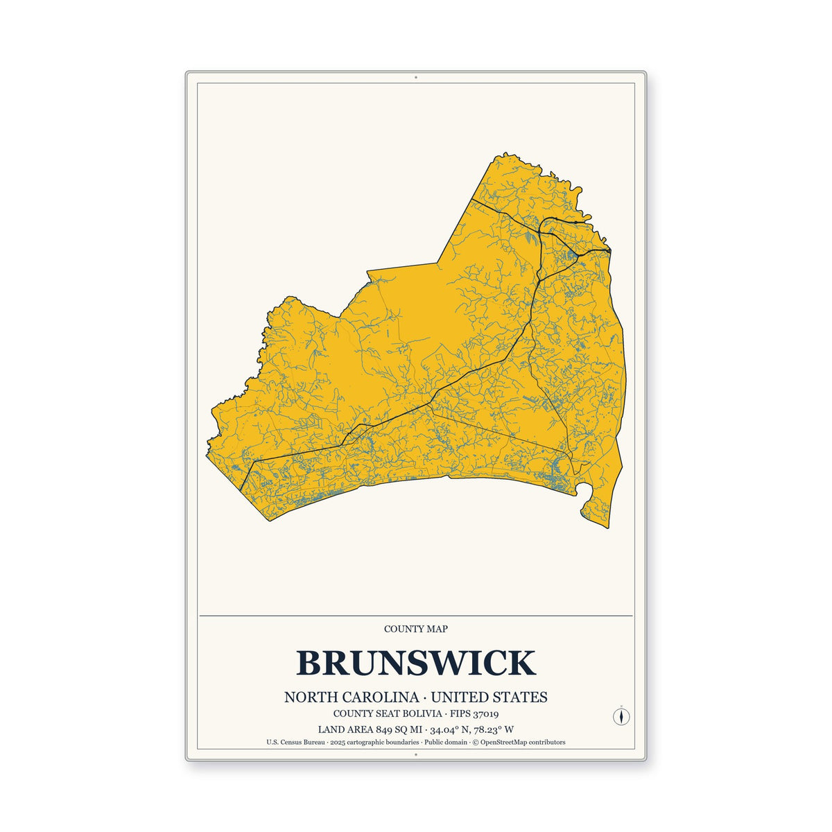 Brunswick County, North Carolina Map Aluminum Sign in Citrine Modern style