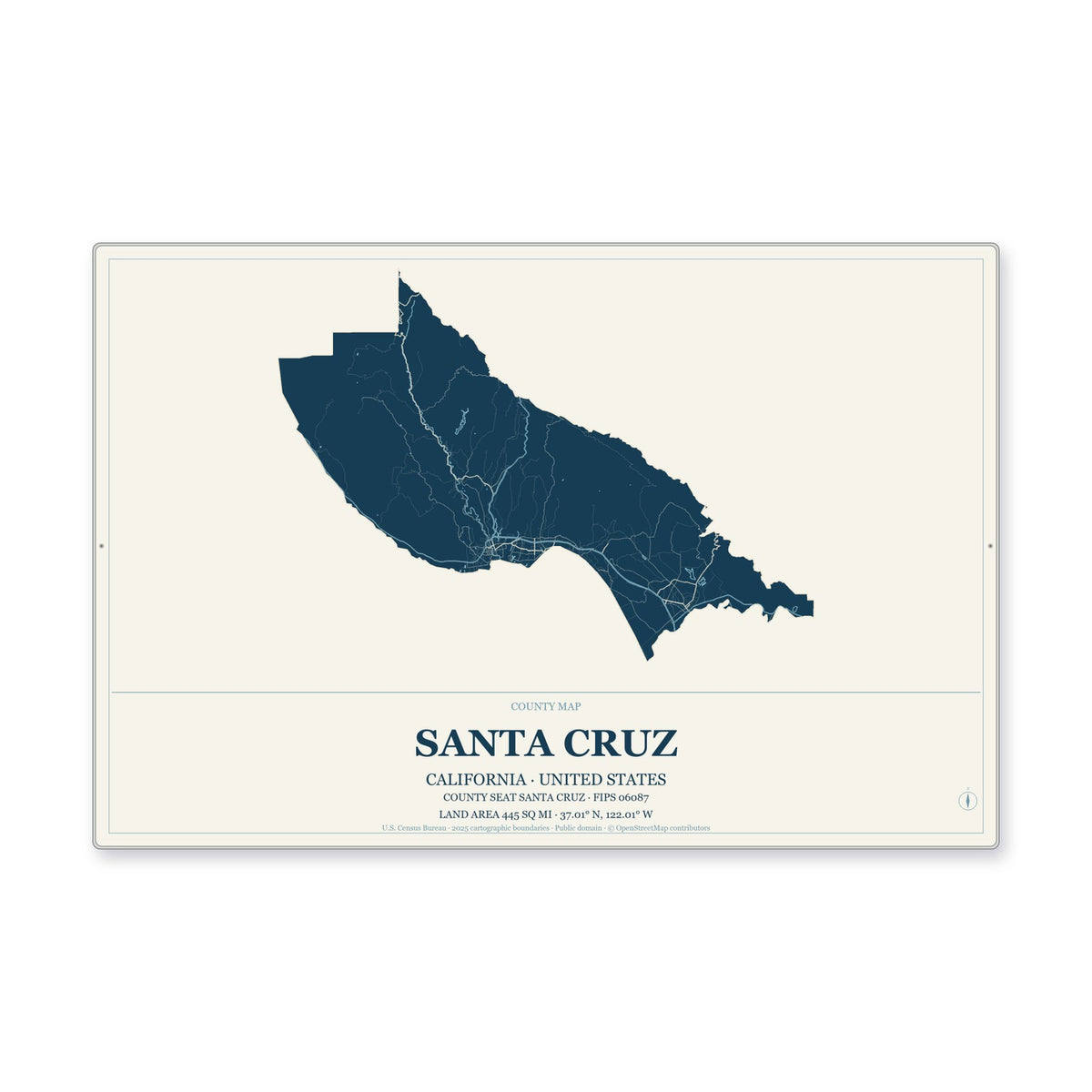 Santa Cruz County, California Map Aluminum Sign in Coastal Cutout style