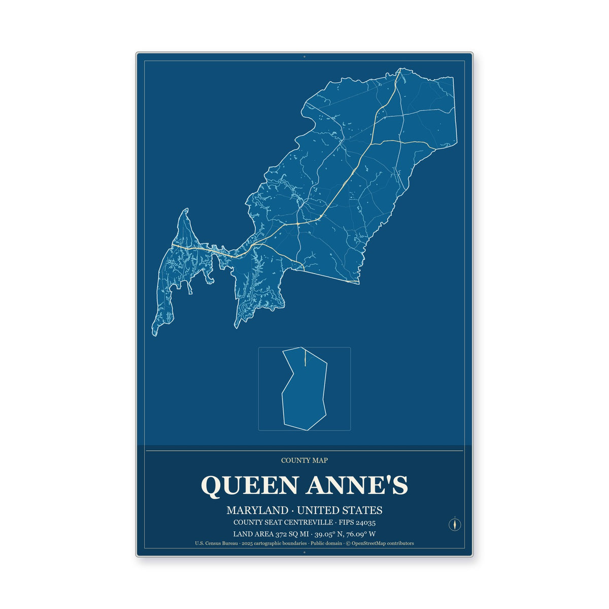 Queen Anne's County, Maryland Map Aluminum Sign in Harbor Cobalt style