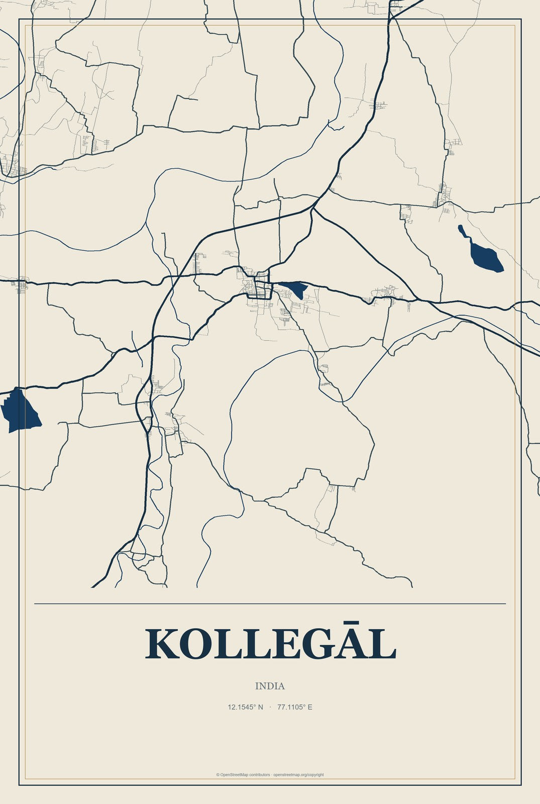 Kollegāl, India City Map Aluminum Sign in Coastal Cutout style