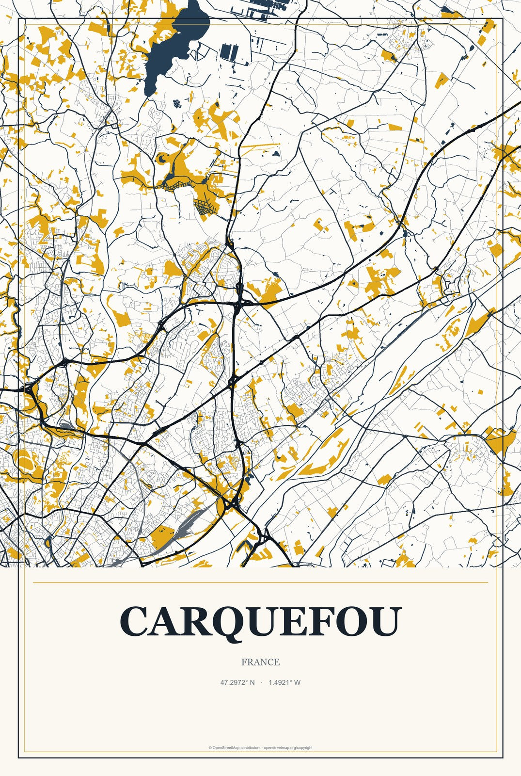Carquefou, France City Map Aluminum Sign in Citrine Modern style