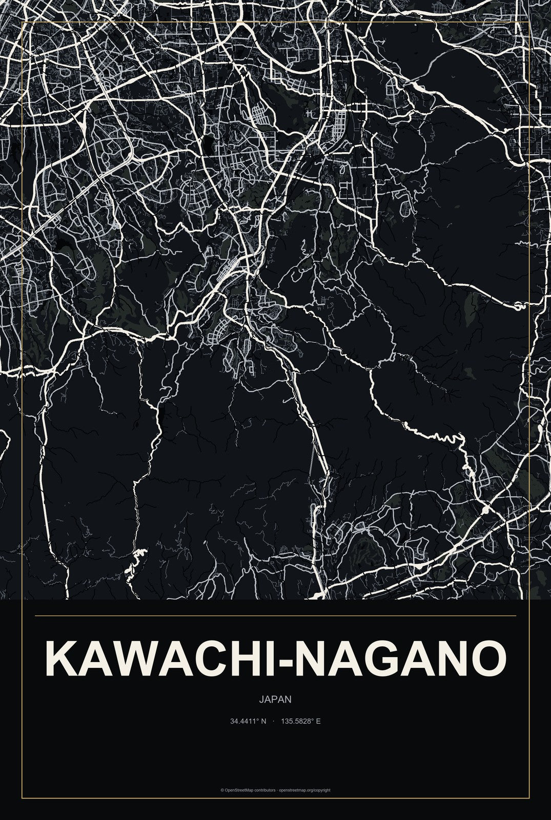 Kawachi-Nagano, Japan City Map Aluminum Sign in Metropolitan Noir style