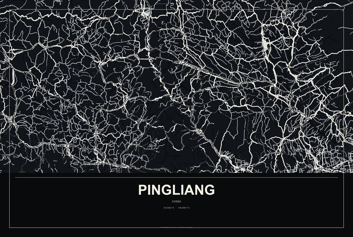 Pingliang, China City Map Aluminum Sign in Metropolitan Noir style