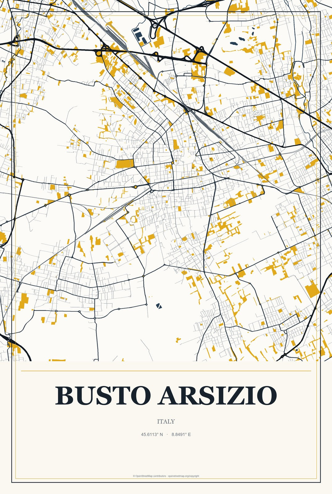 Busto Arsizio, Italy City Map Aluminum Sign in Citrine Modern style