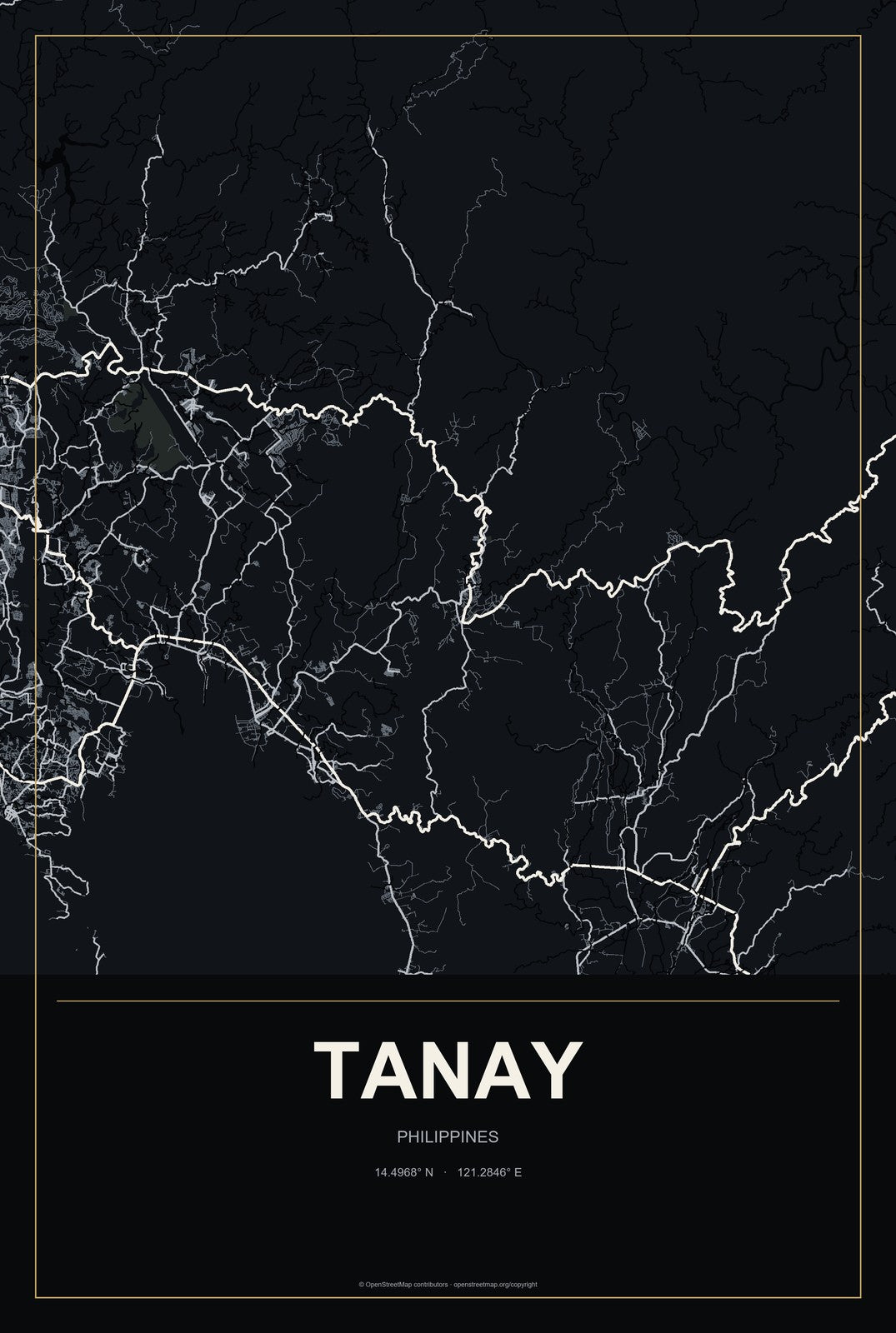 Tanay, Philippines City Map Aluminum Sign in Metropolitan Noir style