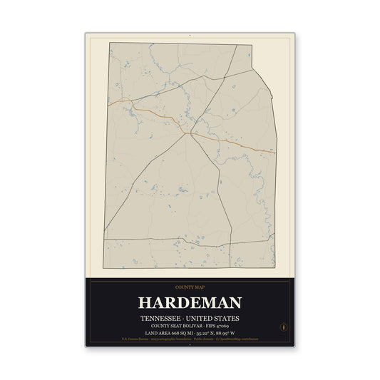 Hardeman County, Tennessee Map Aluminum Sign in Museum Plaque style