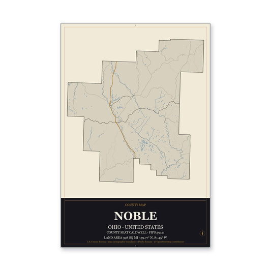 Noble County, Ohio Map Aluminum Sign in Museum Plaque style