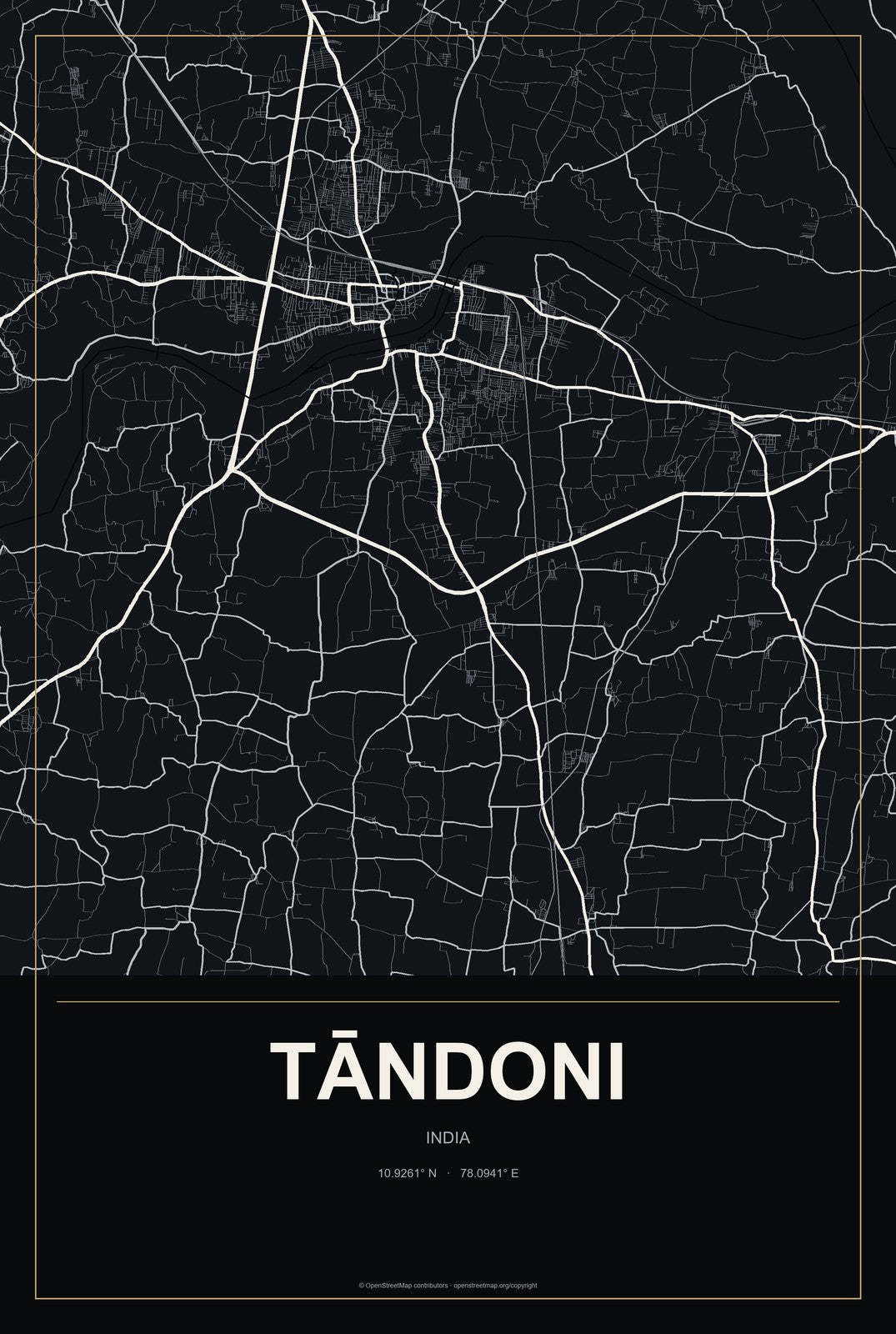Tāndoni, India City Map Aluminum Sign in Metropolitan Noir style