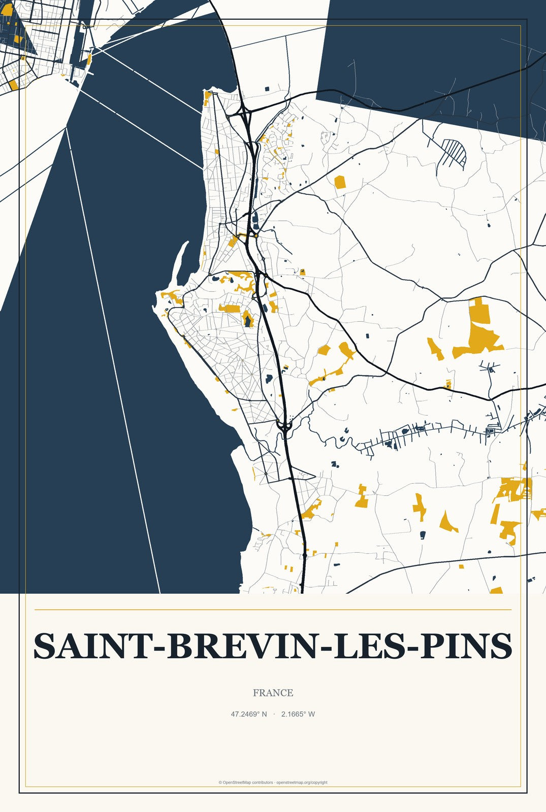 Saint-Brevin-les-Pins, France City Map Aluminum Sign in Citrine Modern style