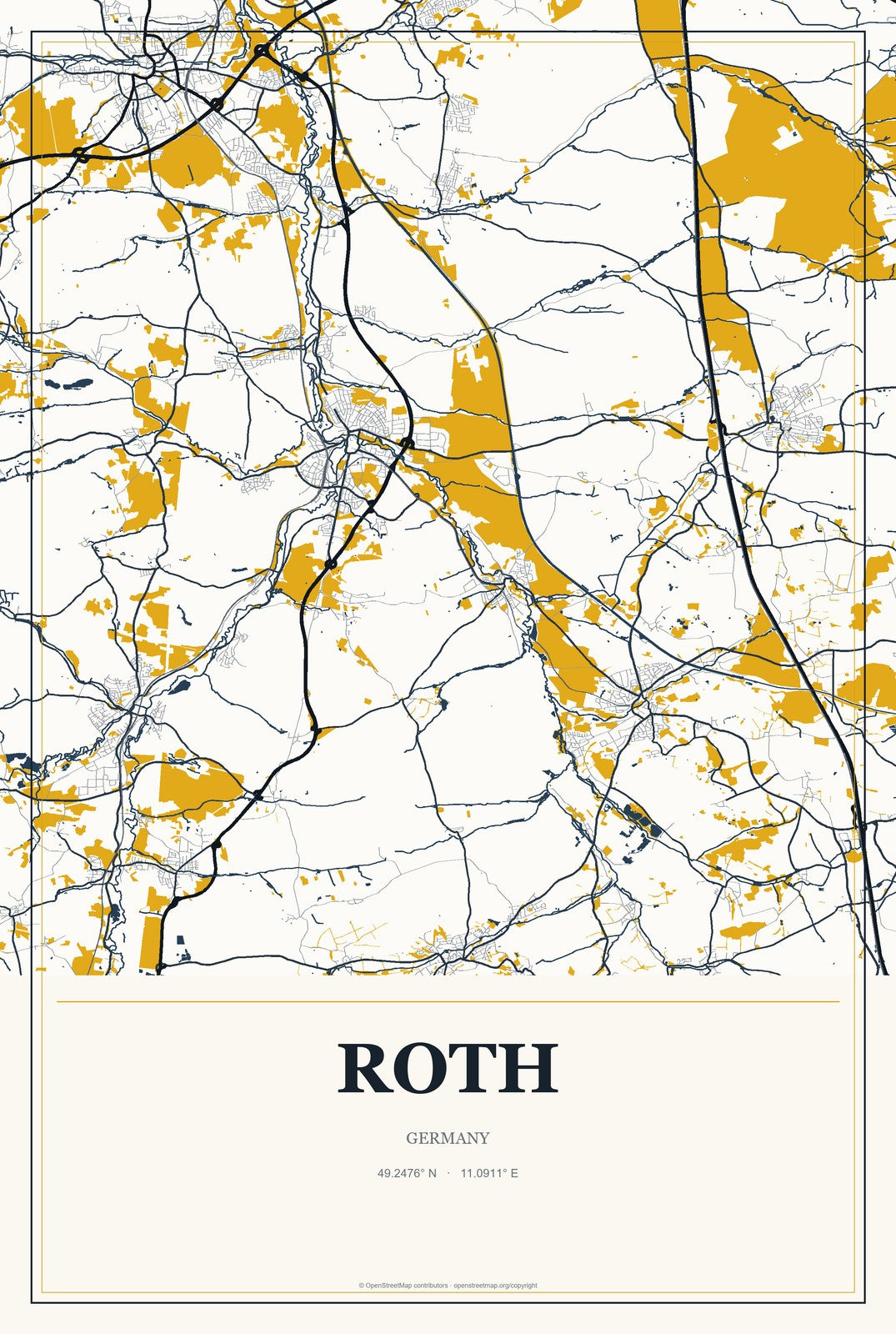 Roth, Germany City Map Aluminum Sign in Citrine Modern style