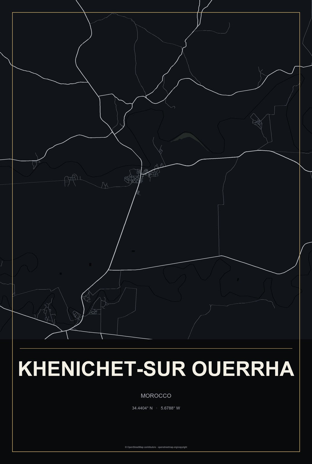Khenichet-sur Ouerrha, Morocco City Map Aluminum Sign in Metropolitan Noir style