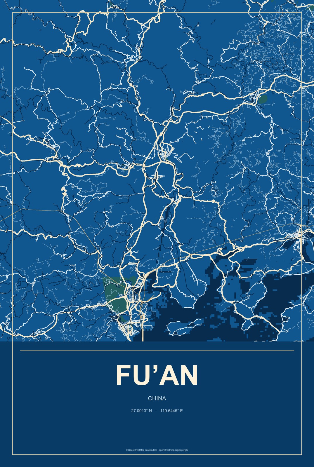 Fu’an, China City Map Aluminum Sign in Harbor Cobalt style