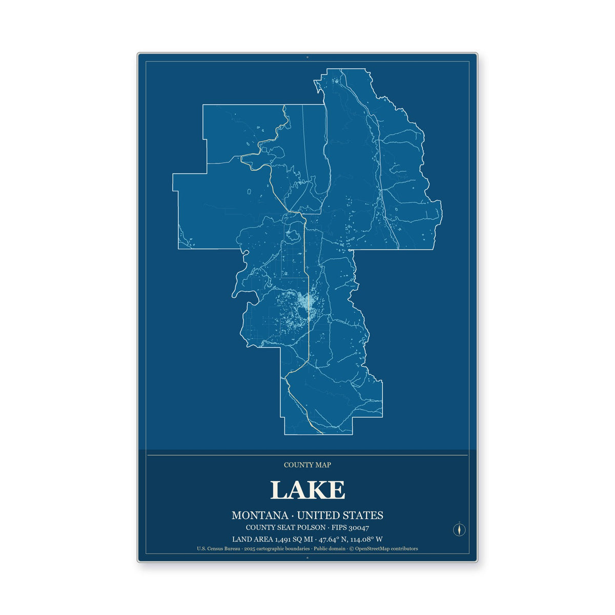 Lake County, Montana Map Aluminum Sign in Harbor Cobalt style