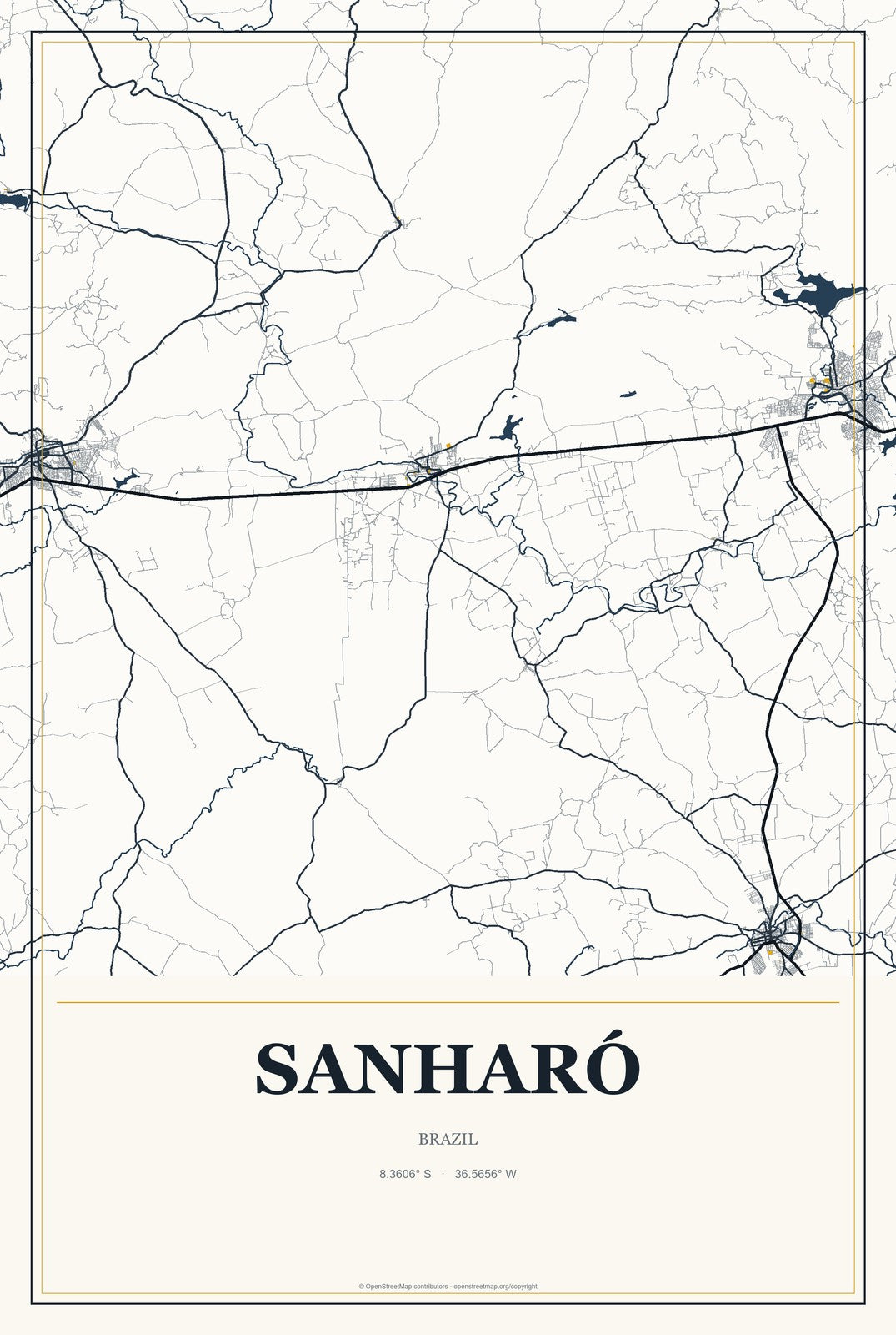 Sanharó, Brazil City Map Aluminum Sign in Citrine Modern style