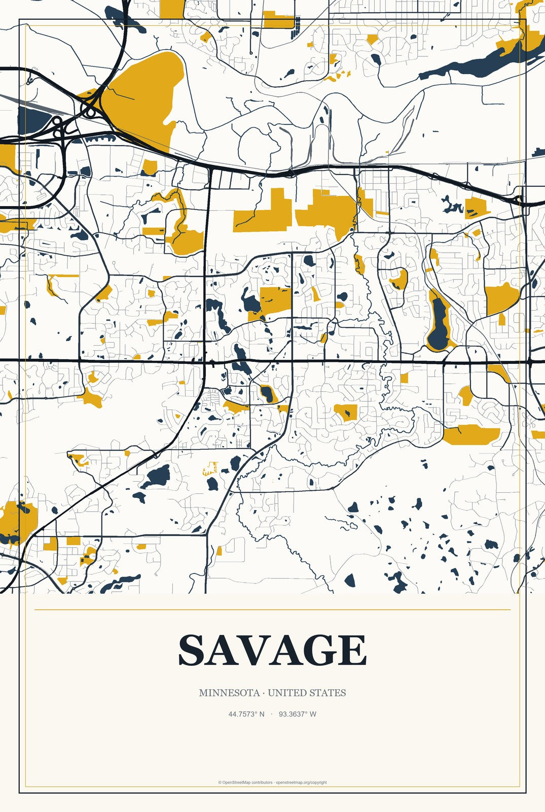 Savage, Minnesota City Map Aluminum Sign in Citrine Modern style