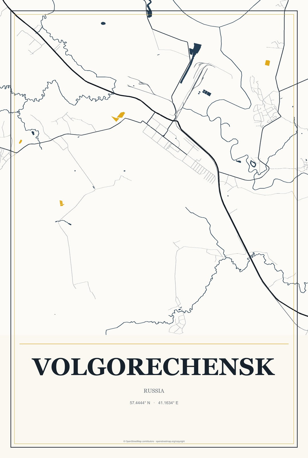 Volgorechensk, Russia City Map Aluminum Sign in Citrine Modern style