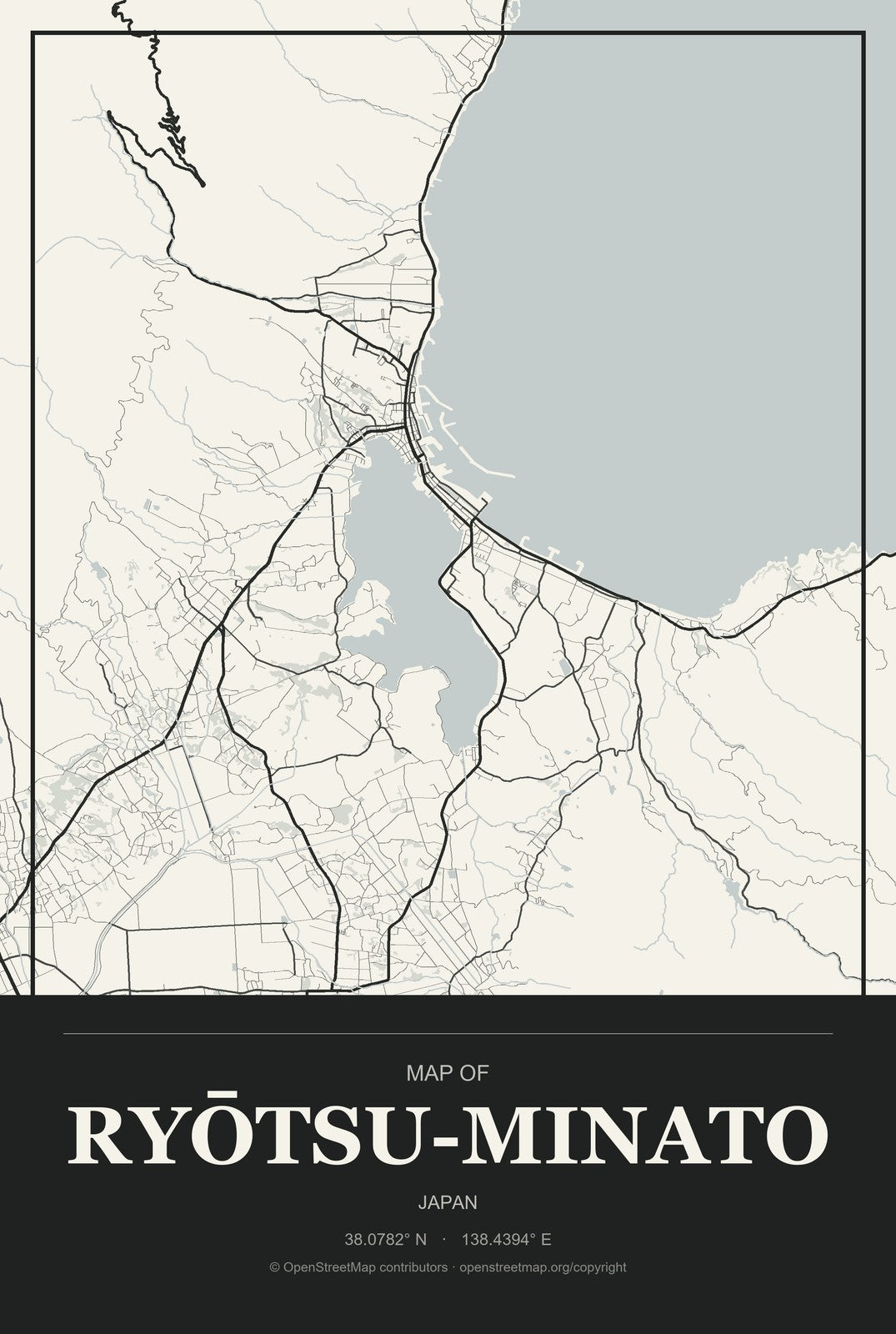 Ryōtsu-minato, Japan City Map Aluminum Sign in Museum Plaque style