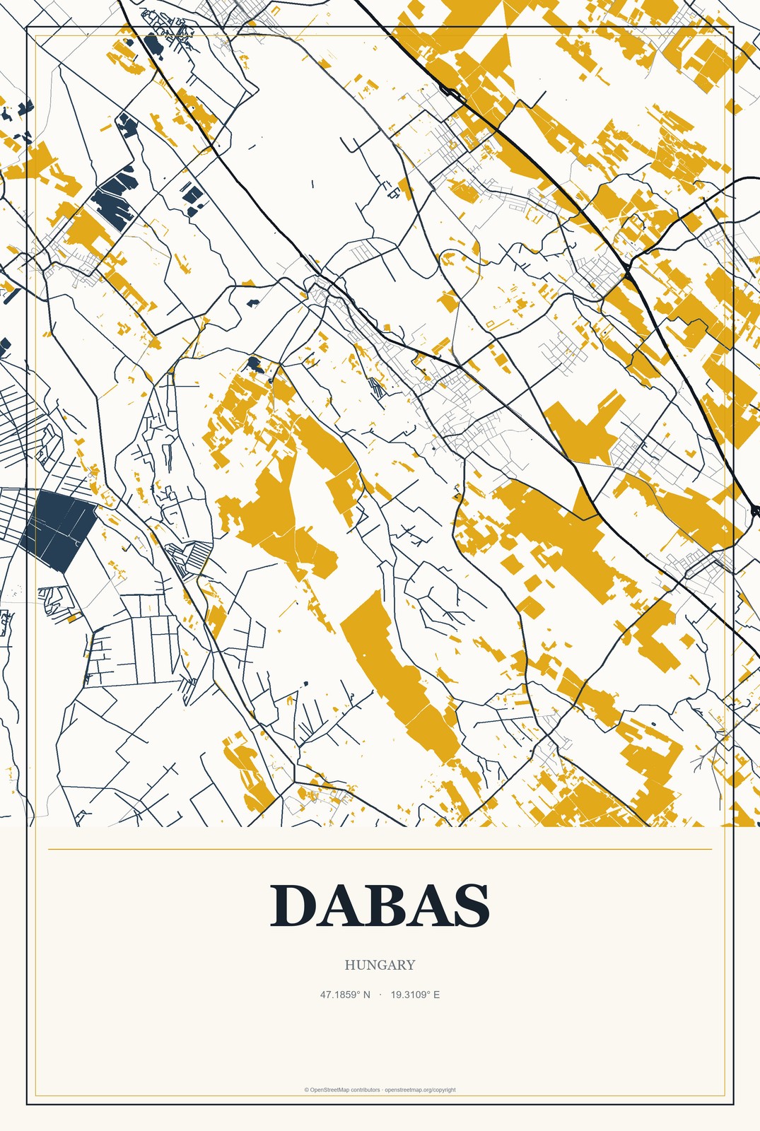 Dabas, Hungary City Map Aluminum Sign in Citrine Modern style