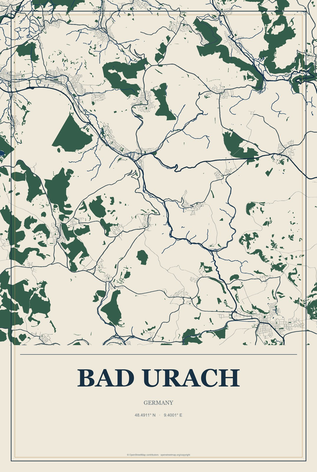 Bad Urach, Germany City Map Aluminum Sign in Coastal Cutout style