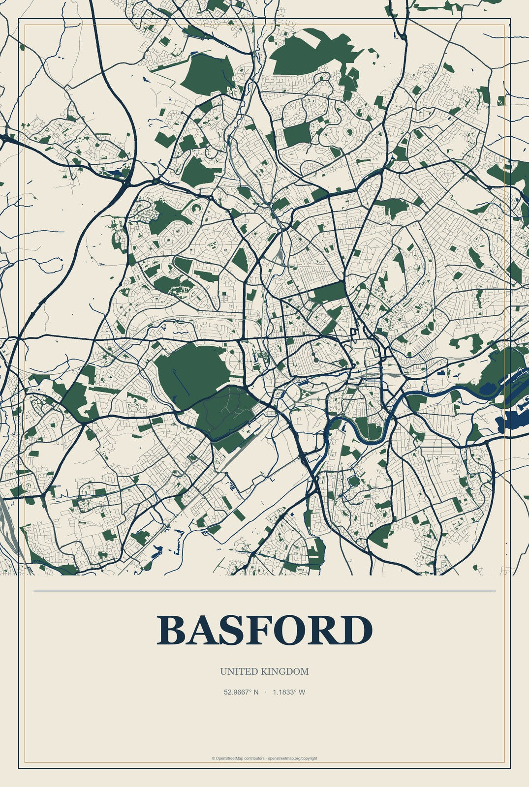 Basford, United Kingdom City Map Aluminum Sign in Coastal Cutout style