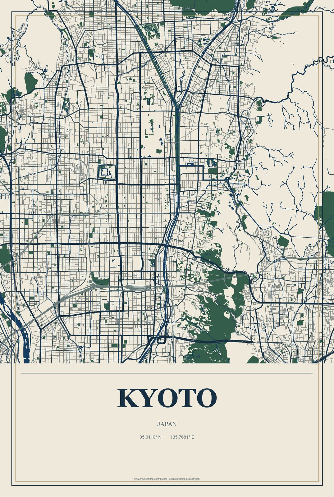 Kyoto, Japan City Map Aluminum Sign in Coastal Cutout style