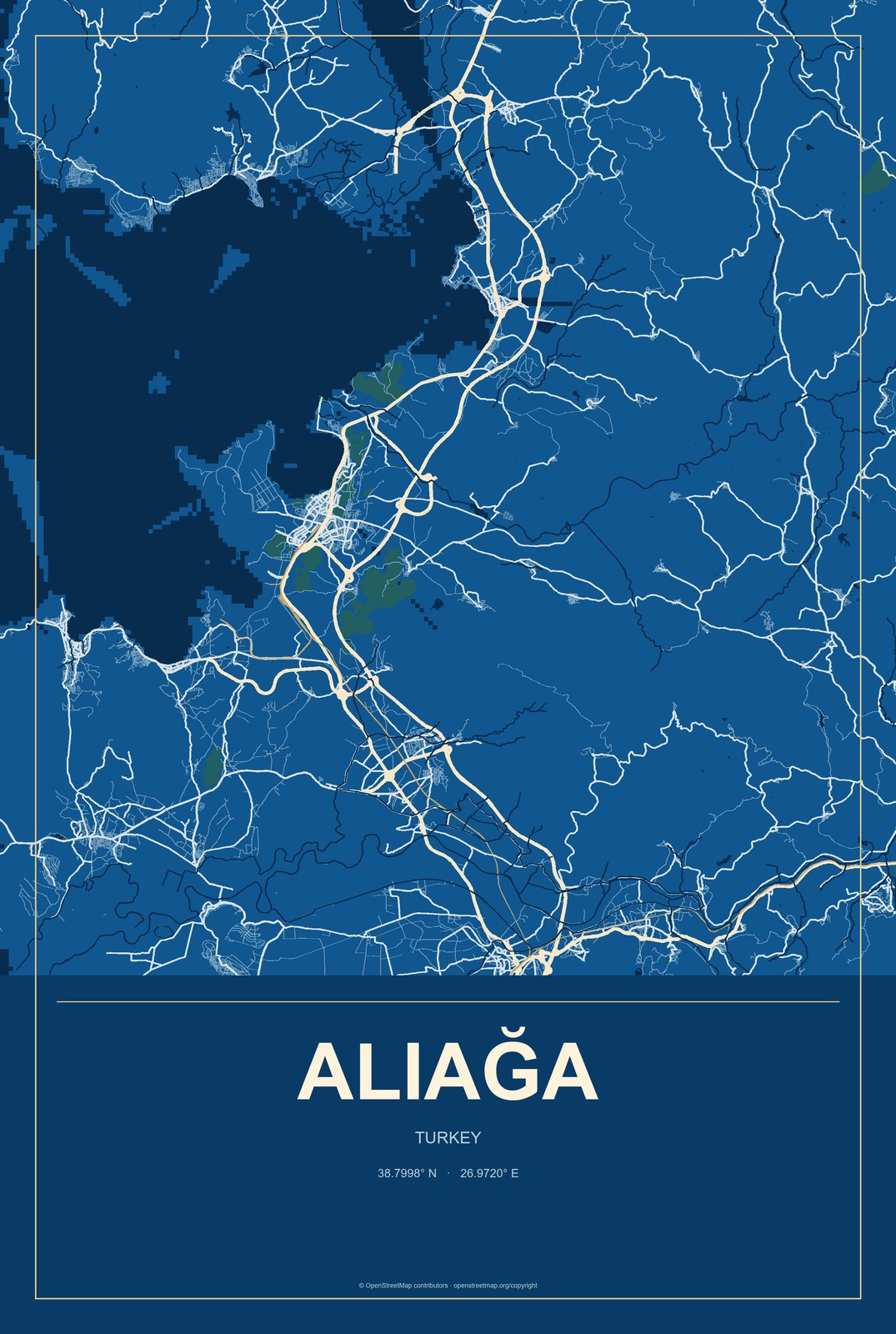 Aliağa, Turkey City Map Aluminum Sign in Harbor Cobalt style
