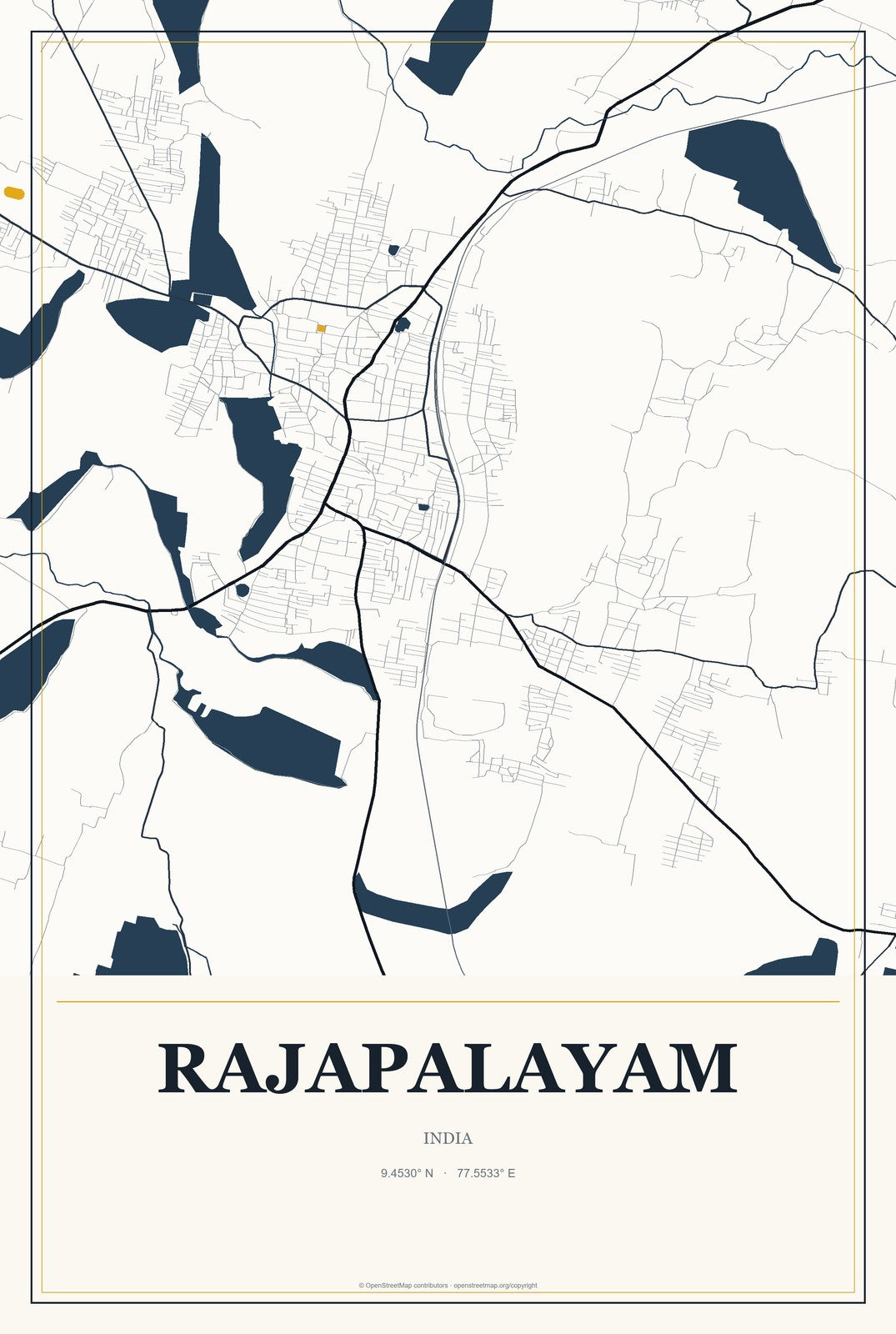 Rajapalayam, India City Map Aluminum Sign in Citrine Modern style