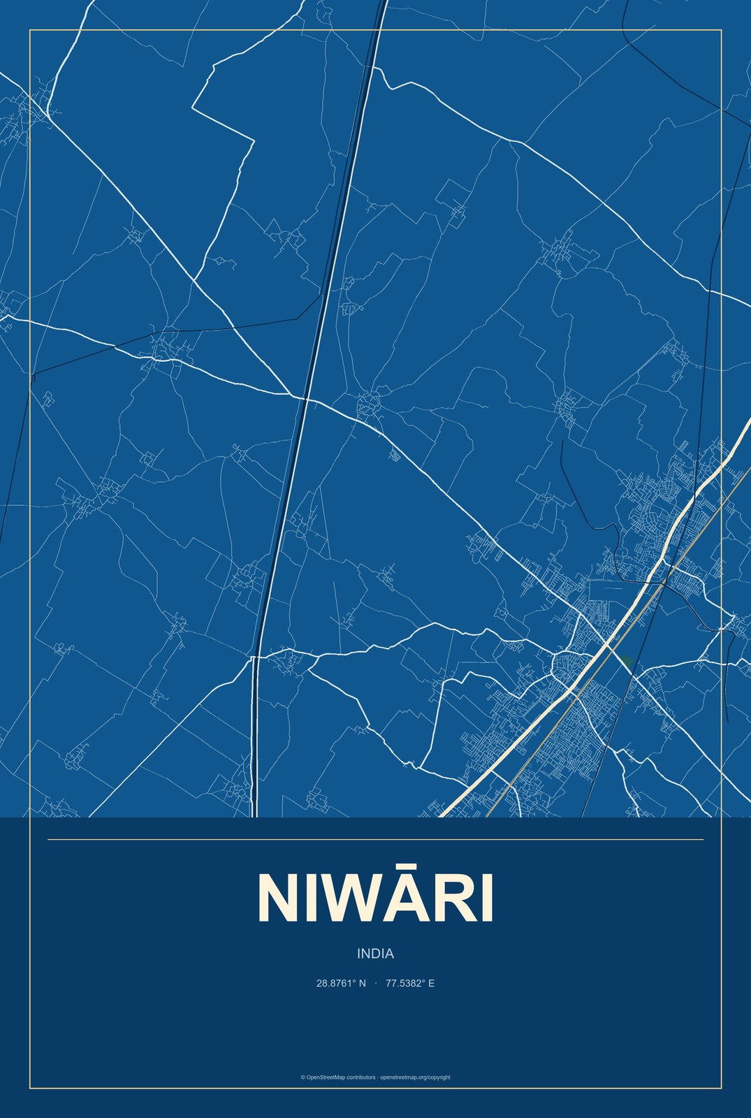 Niwāri, India City Map Aluminum Sign in Harbor Cobalt style