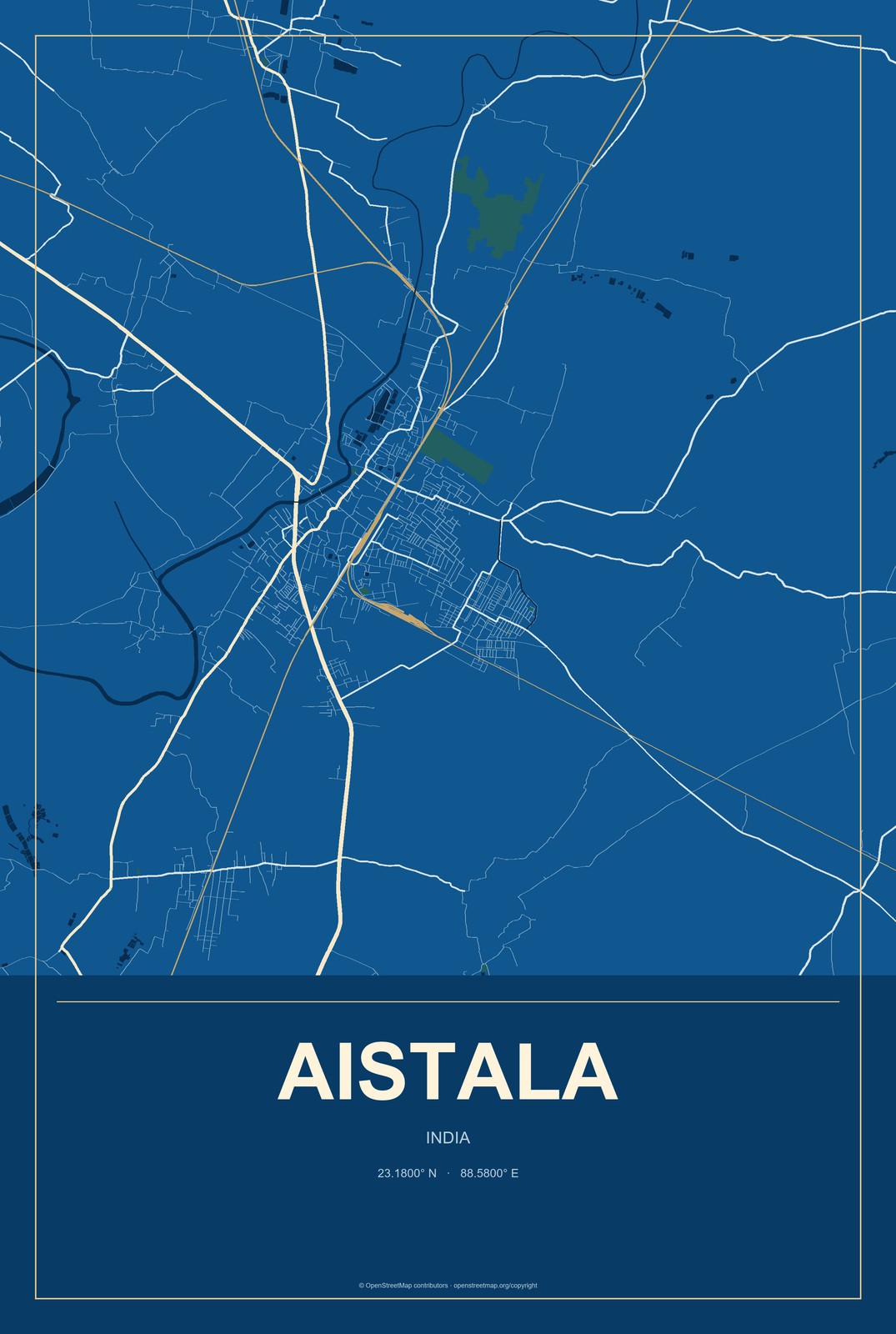 Aistala, India City Map Aluminum Sign in Harbor Cobalt style