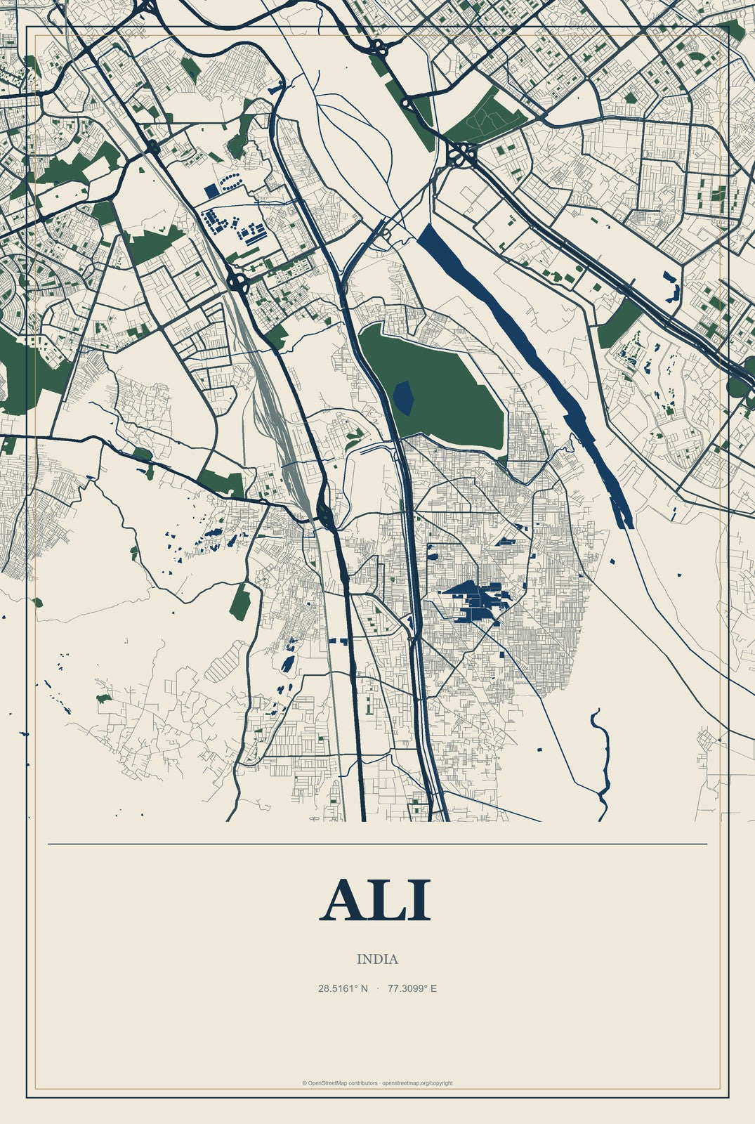 Ali, India City Map Aluminum Sign in Coastal Cutout style