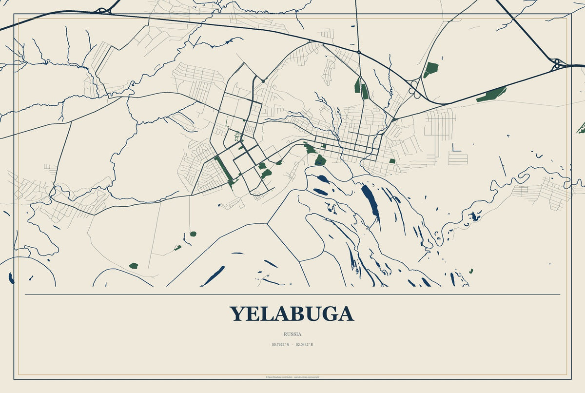Yelabuga, Russia City Map Aluminum Sign in Coastal Cutout style