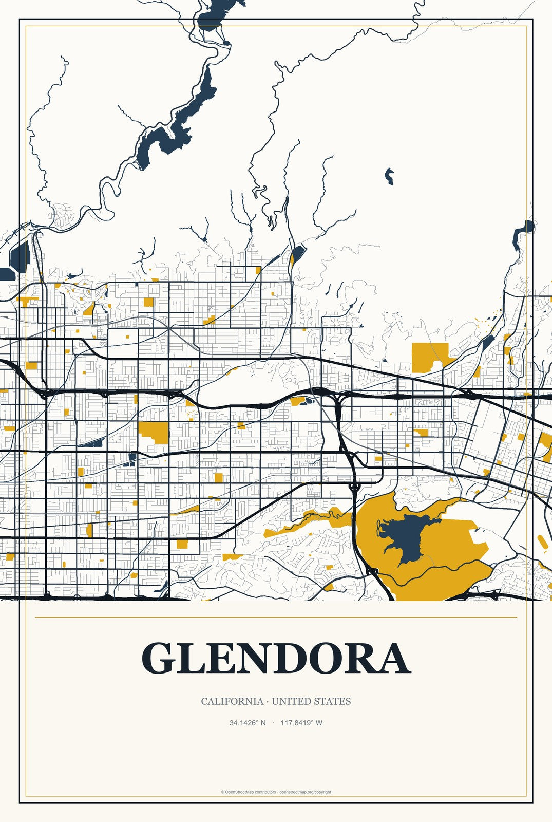 Glendora, California City Map Aluminum Sign in Citrine Modern style