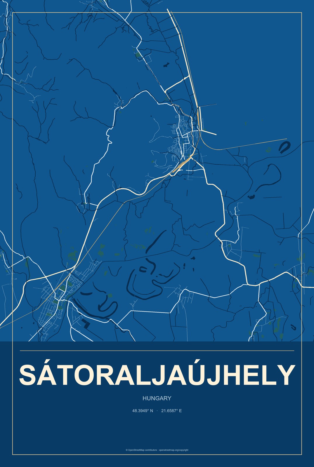 Sátoraljaújhely, Hungary City Map Aluminum Sign in Harbor Cobalt style