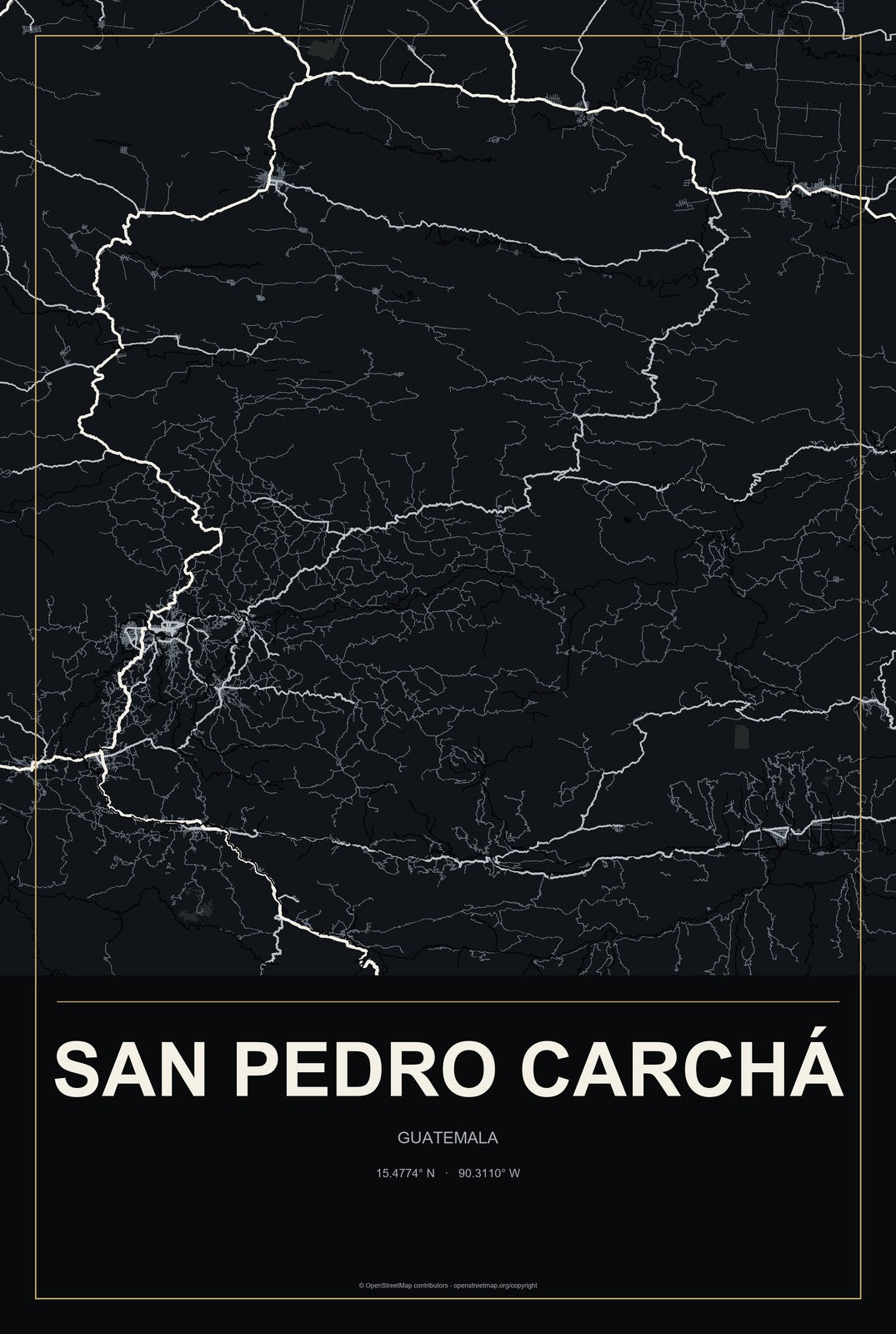 San Pedro Carchá, Guatemala City Map Aluminum Sign in Metropolitan Noir style