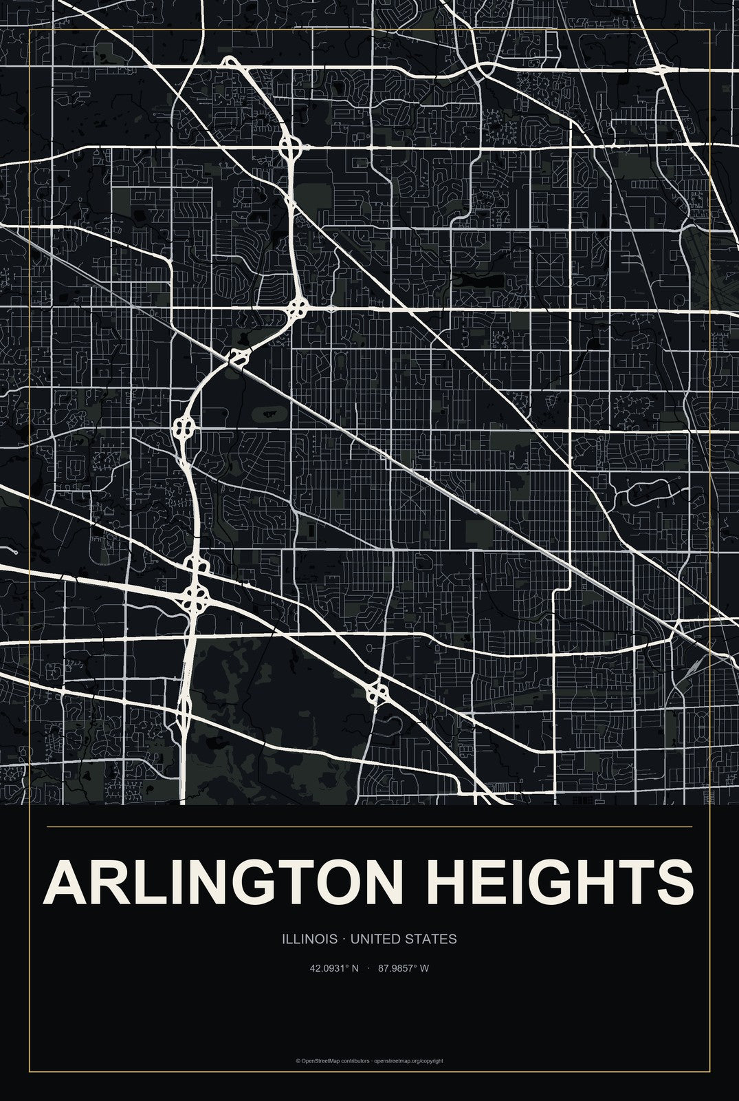 Arlington Heights, Illinois City Map Aluminum Sign in Metropolitan Noir style
