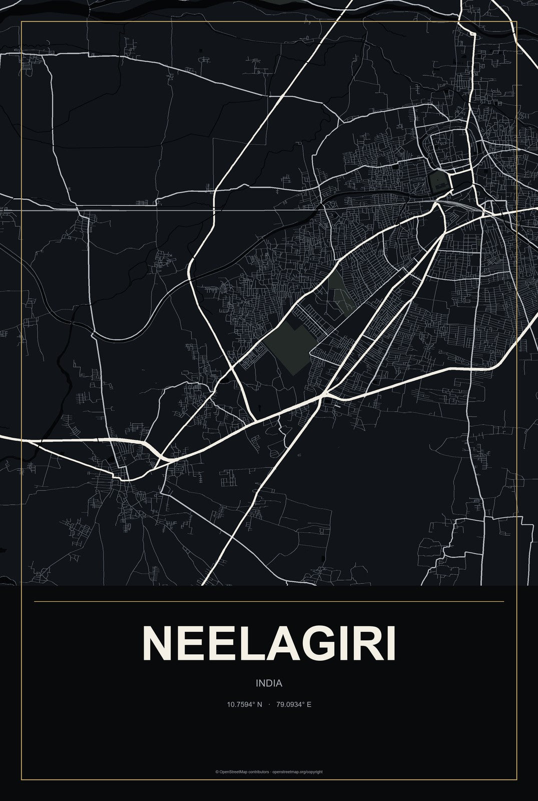 Neelagiri, India City Map Aluminum Sign in Metropolitan Noir style