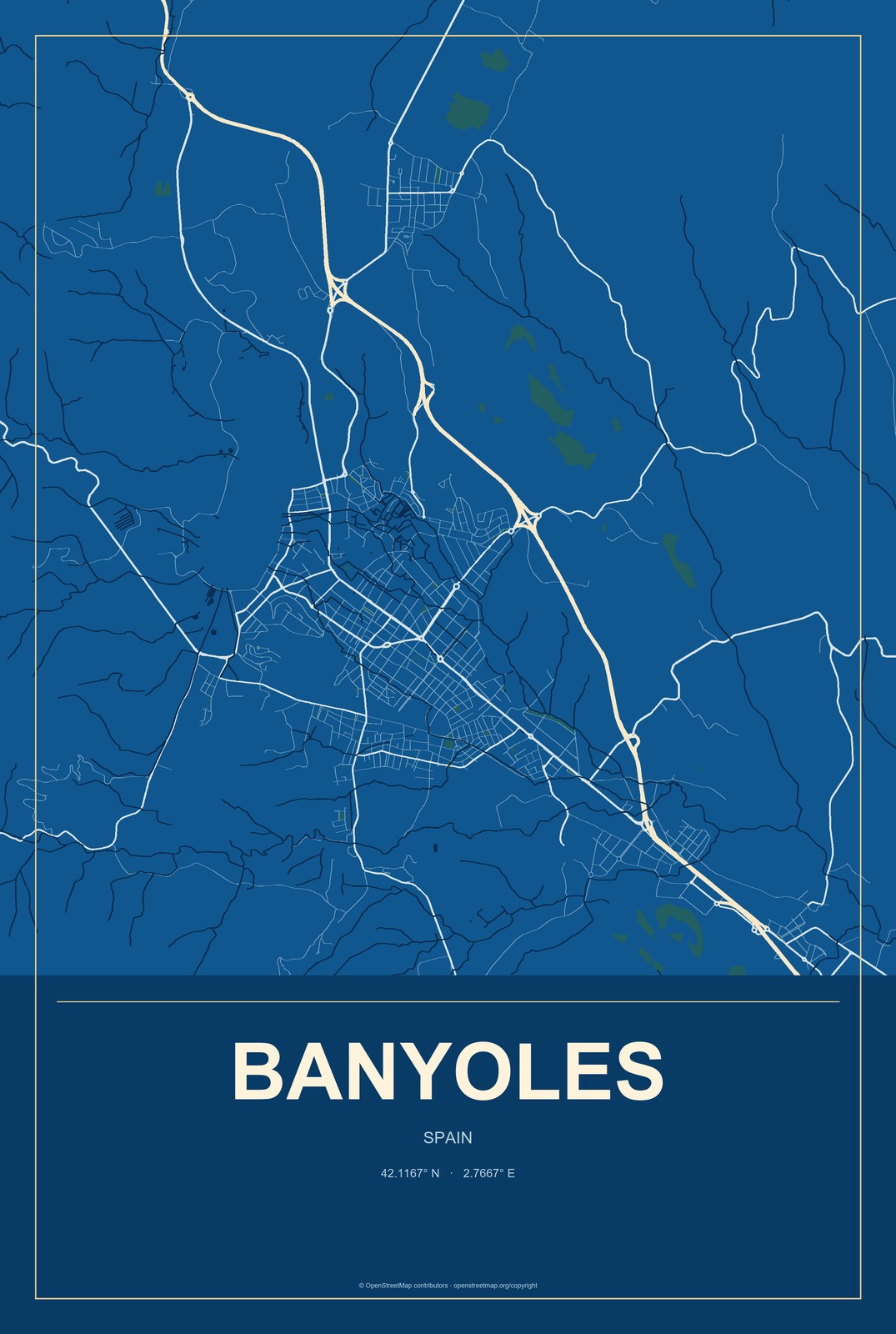 Banyoles, Spain City Map Aluminum Sign in Harbor Cobalt style
