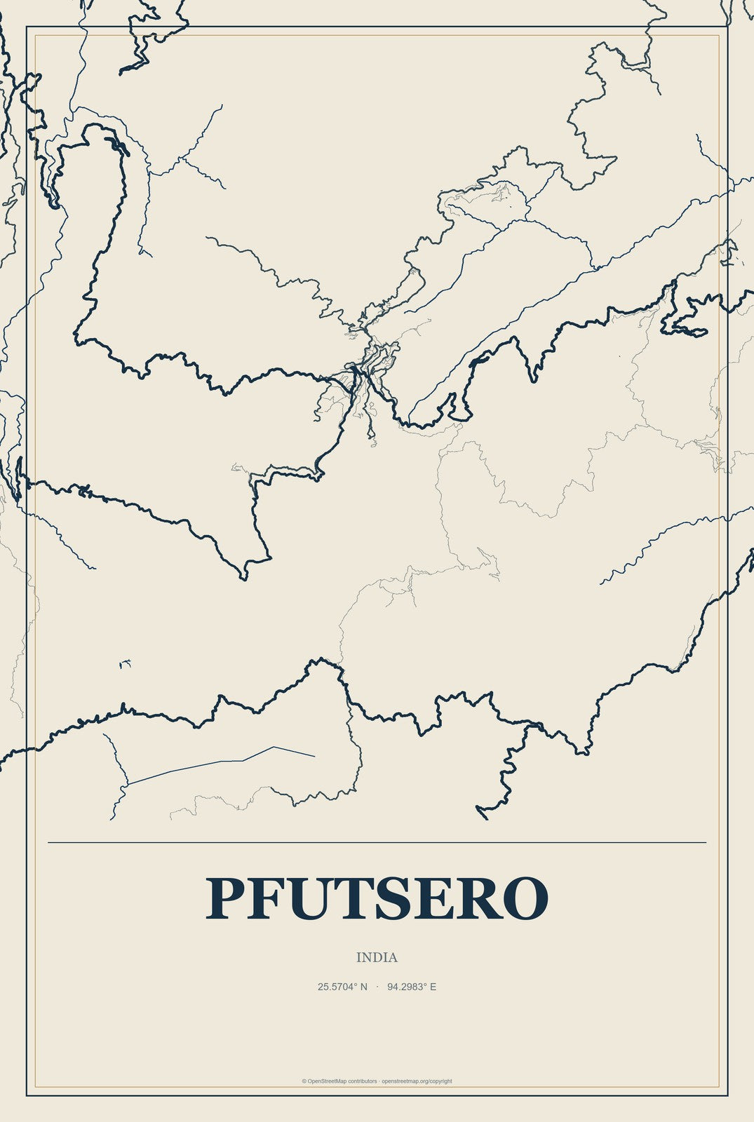 Pfutsero, India City Map Aluminum Sign in Coastal Cutout style